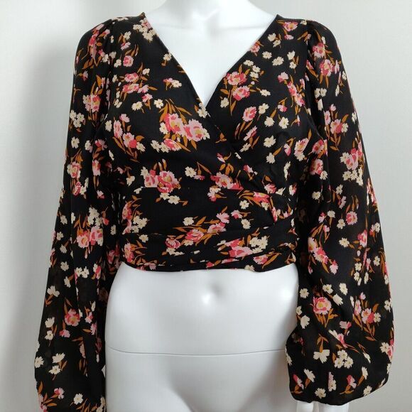 A.L.C. Carla Floral Print Wrap Top Size 2 Black Pink 100% Silk Crepe Blouse - Picture 2 of 15